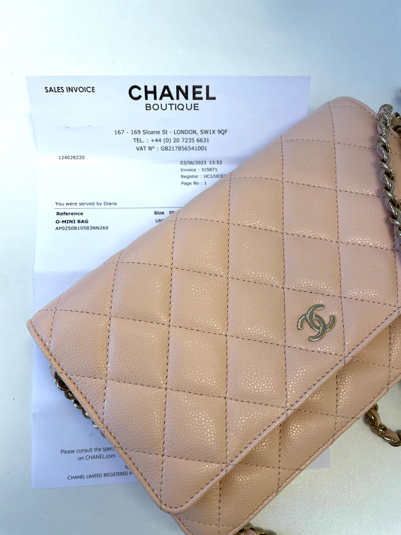Chanel Light Beige Quilted Caviar Wallet On Chain Bag WOC