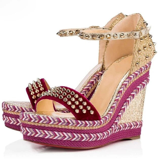 Christian Louboutin Madmonica Purple Gold Spike Wedge Sandals 