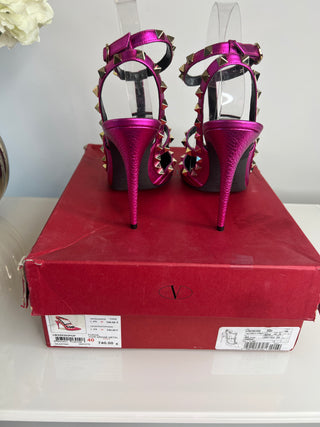 Valentino Garavani Rockstud 100 Metallic Pink Textured Leather Sandals Heels 40 UK7