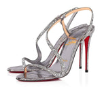 Silver strass barely there sandals with silver croc embossed leather and red soles