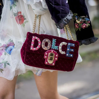 Dolce & Gabbana Lucia  Studded Burgundy Velvet Shoulder Bag