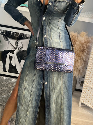 Christian Louboutin Rougissime Nuit Blue Metallic Python Clutch Shoulder Bag