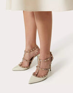 Valentino Garavani T Bar Nude White Patent Studded Heels 