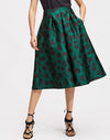 Macaron A line sateen brocade skirt in green and black with box pleat and pockets