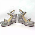 Christian Louboutin Pyraclou Silver Leather Pyramid Studded Wedge Sandals Small Fit 41 UK 8