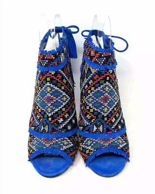 Aquazzura Colorado Embroidered Multicolor Blue Suede Peep Toe Heels Sandals 37 UK 4