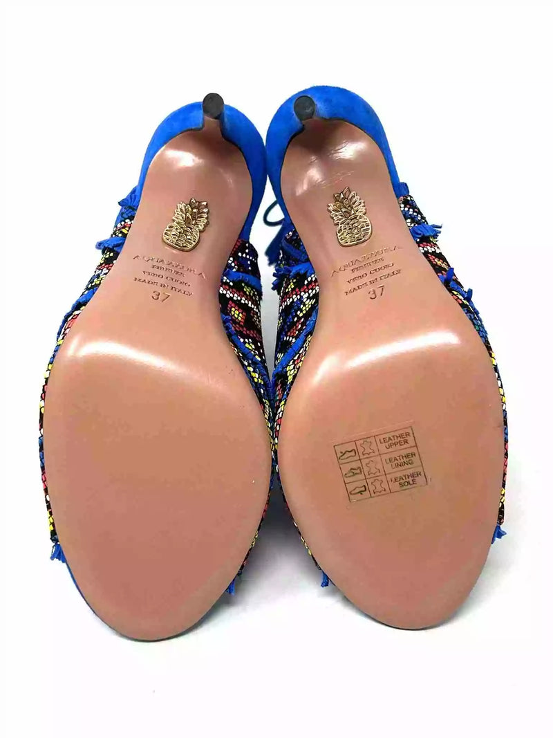Aquazzura Colorado Embroidered Multicolor Blue Suede Peep Toe Heels Sandals 37 UK 4