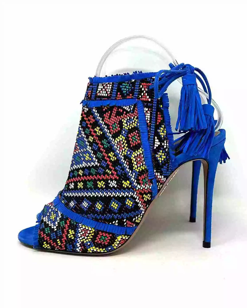 Aquazzura Colorado Embroidered Multicolor Blue Suede Peep Toe Heels Sandals 37 UK 4