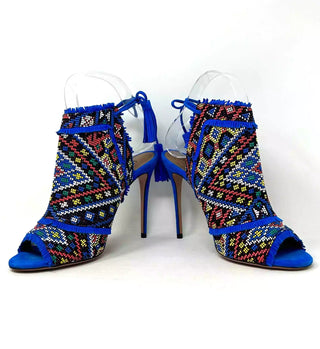 Aquazzura Colorado Embroidered Multicolor Blue Suede Peep Toe Heels Sandals 37 UK 4