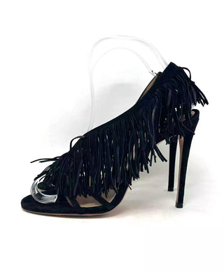 Aquazzura Wild Fringe Black Suede Heel Sandal Heels 37 UK 4