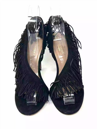 Aquazzura Wild Fringe Black Suede Heel Sandal Heels 37 UK 4