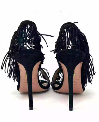 Aquazzura Wild Fringe Black Suede Heel Sandal Heels 37 UK 4