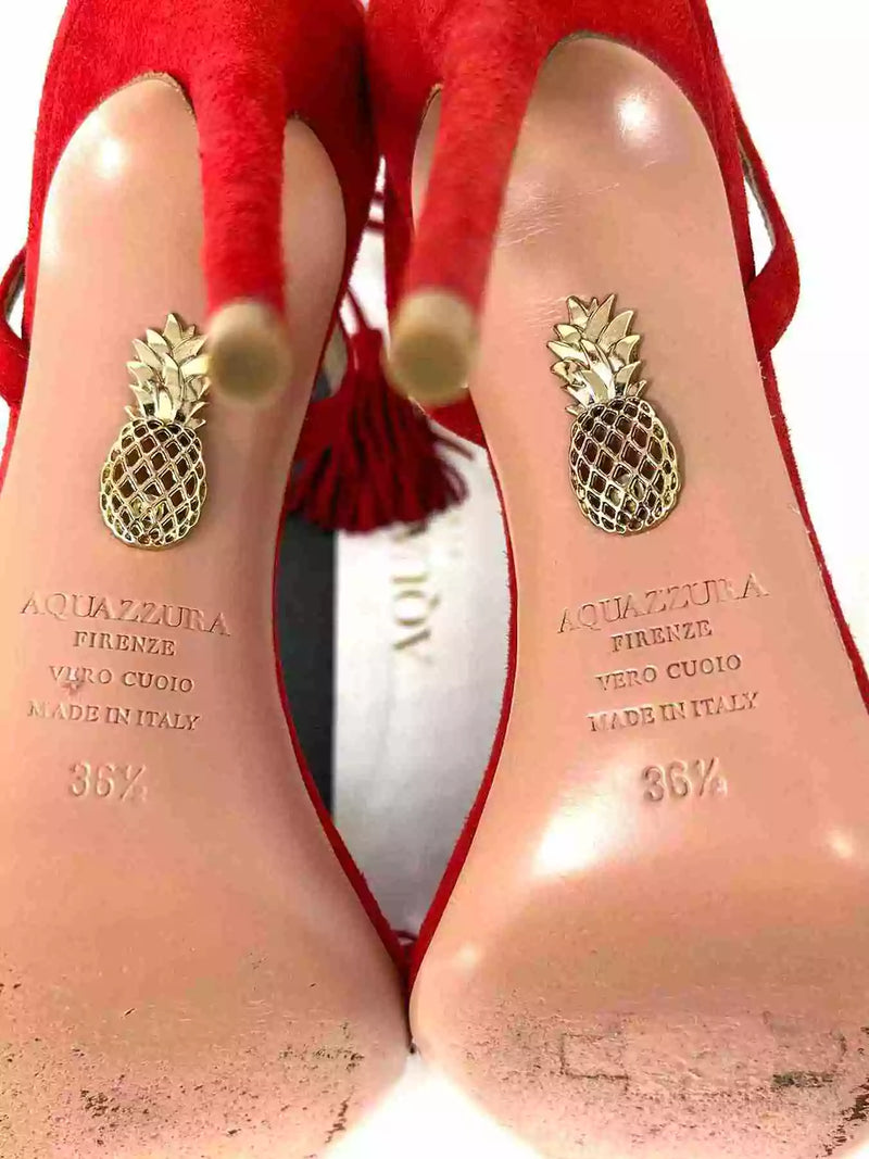 Aquazzura Wild Thing 105 Red Suede Fringed Tassel Heels Sandals 36.5 UK 3.5