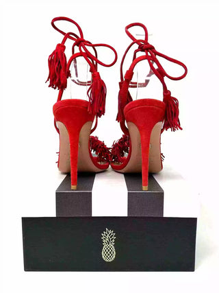 Aquazzura Wild Thing 105 Red Suede Fringed Tassel Heels Sandals 36.5 UK 3.5