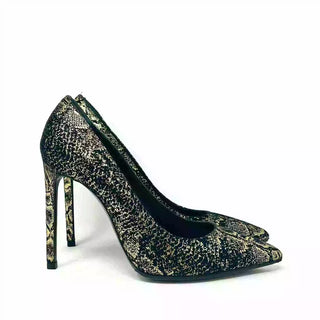 Yves Saint Laurent Black Gold Snake Print Suede Pump Heels 37 UK 4