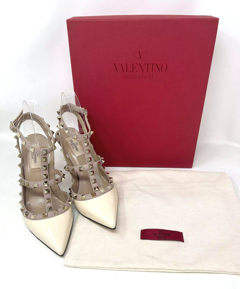 Valentino Garavani Rockstud 100 T-Bar Champagne Patent Studded Heels 37.5 UK 4.5