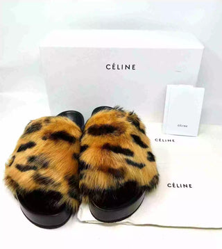 Celine Phoebe Philo Boxy Leopard Print Faux Fur Open Toe Slide Sandals 40 UK 7