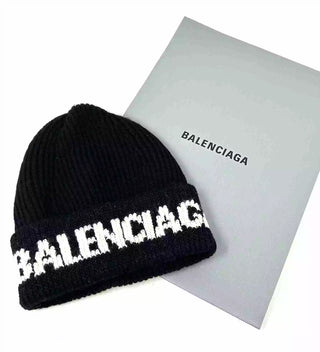 Balenciaga Black And White Logo Wool Rib Knit Beanie Hat Unifit