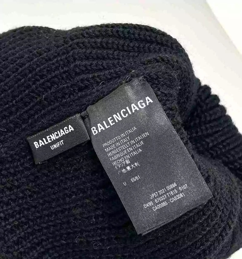 Balenciaga Black And White Logo Wool Rib Knit Beanie Hat Unifit