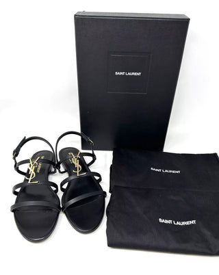 Saint Laurent Cassandra Black Leather Metal YSL Logo Flat Sandals 37 UK 4