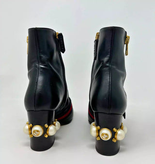 GUCCI Marmont Logo And Faux Pearl-embellished Leather Ankle Boots 36 UK3