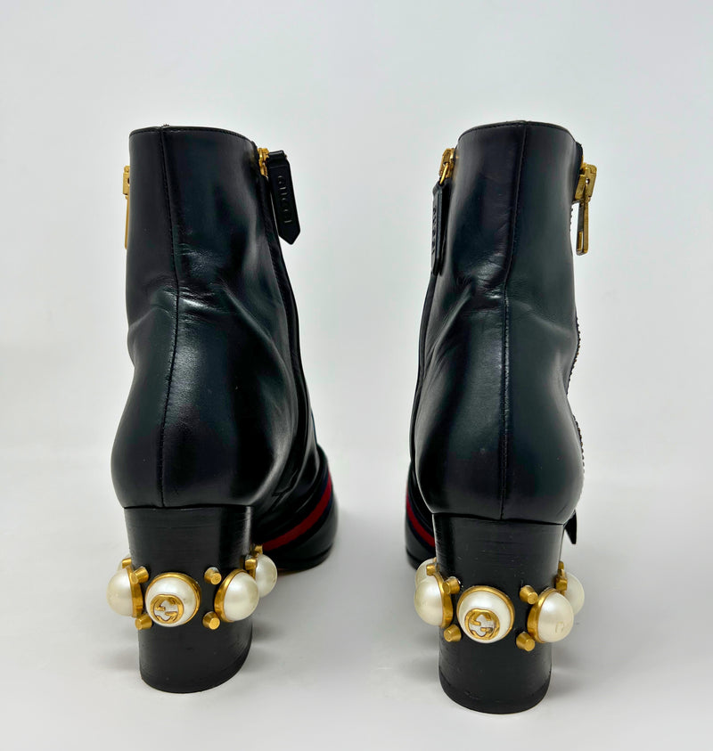 GUCCI Marmont Logo And Faux Pearl-embellished Leather Ankle Boots