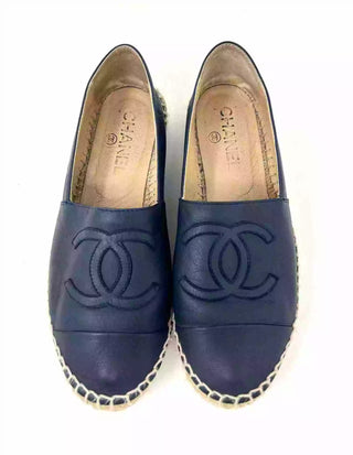 Chanel Navy Blue Leather CC Cap Toe Espadrille Flats 36 UK 3