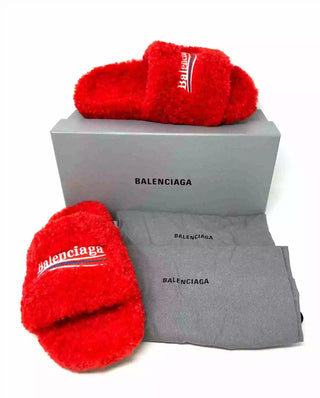 Balenciaga Furry Slipper Red Faux Shearling Logo Flat Mule Sandals 41 UK 8