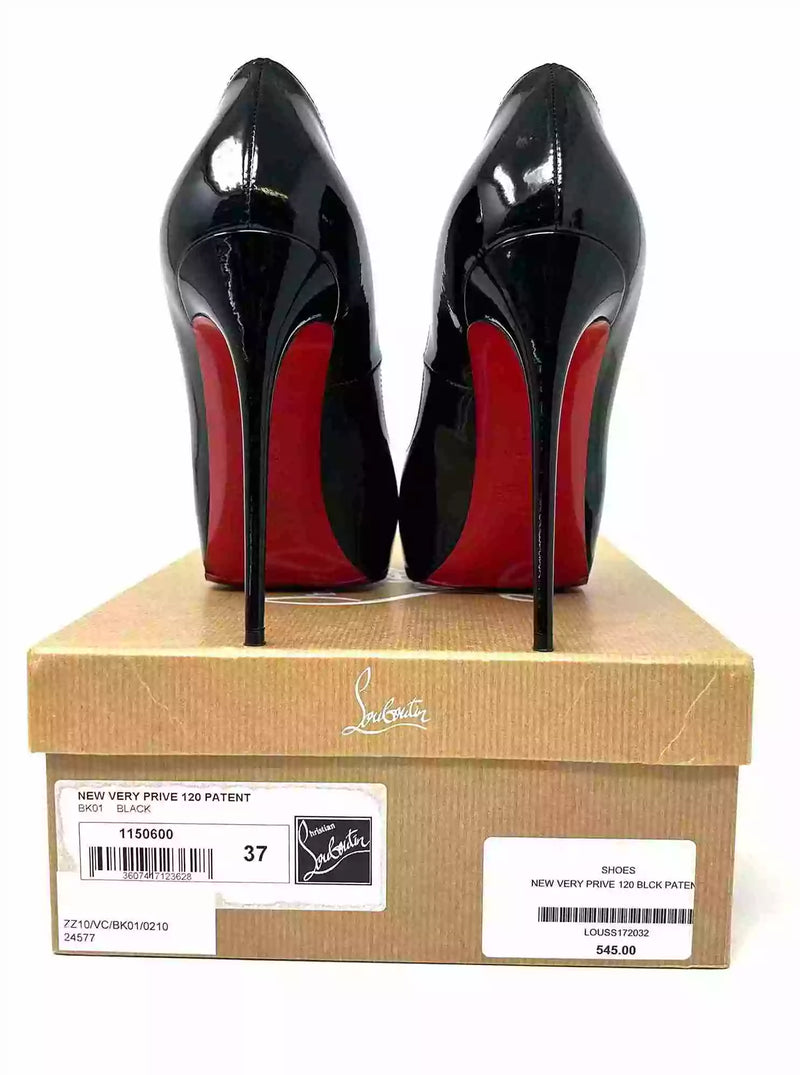 Christian Louboutin New Very Prive 120 Black Patent Platform Peep Toe Heels 37 UK 4