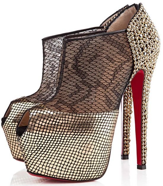 Christian Louboutin Aeronotoc 160 Black/Gold Nappa Stamp/Lace KAA Ring Strass Booties 38.5 - High Heel Hierarchy