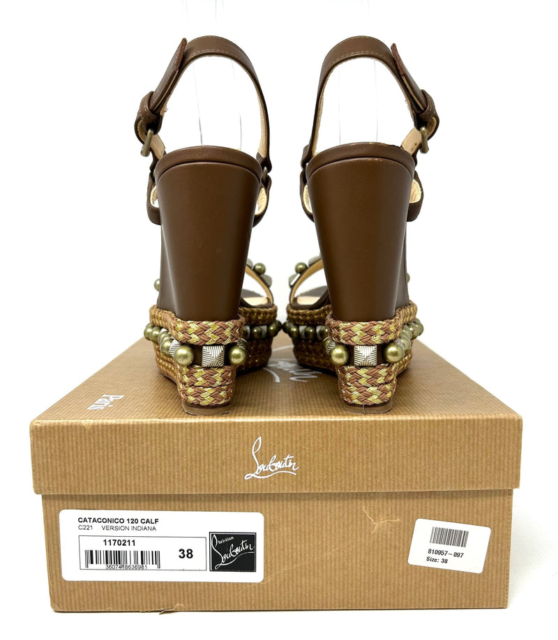 Christian Louboutin Cataconico 120 Brown Leather Espadrille Wedge Sandals small fit 38 UK 5 - High Heel Hierarchy