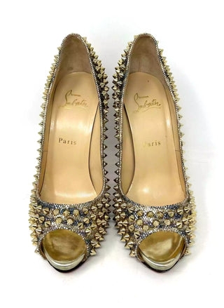 Christian Louboutin Flo Spikes 120 Glitter Sirene Gold Peep Toe Heels 38 UK 5