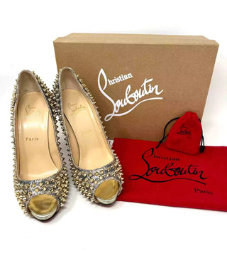 Christian Louboutin Flo Spikes 120 Glitter Sirene Gold Peep Toe Heels 38 UK 5