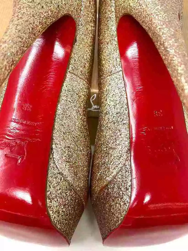 Christian Louboutin Lady Peep 150 Nude Glitter Platform Heels 38 UK 5