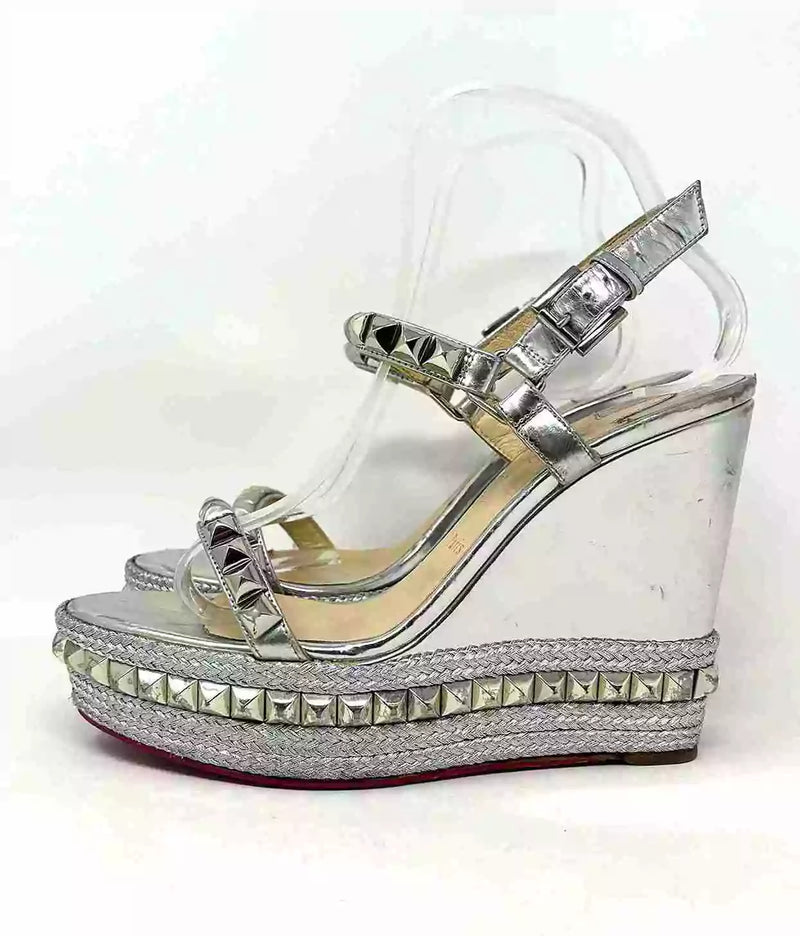 Christian Louboutin Pyraclou Silver Leather Pyramid Studded Wedge Sandals Small Fit 41 UK 8