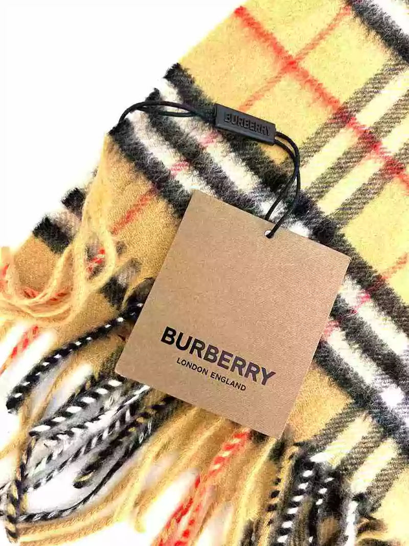 Burberry Antique Yellow Checkered Fringe Cashmere Scarf