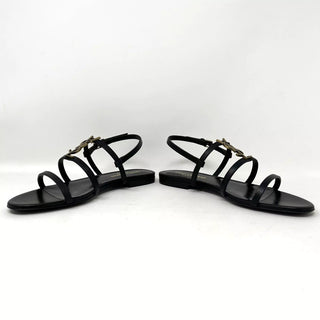 Saint Laurent Cassandra Black Leather Metal YSL Logo Flat Sandals 37 UK 4