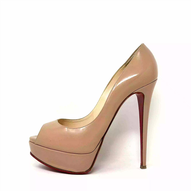 Christian Louboutin Lady Peep 140 Nude Patent Leather Platform Heels 37.5 UK 4.5