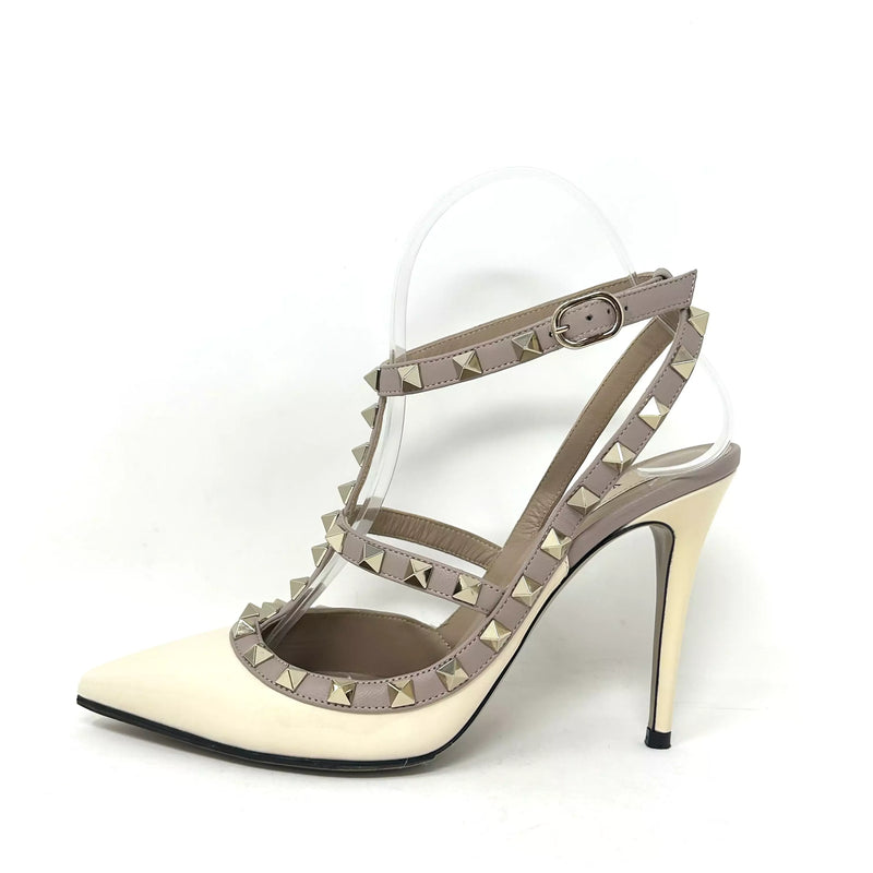 Valentino Garavani Rockstud 100 T-Bar Champagne Patent Studded Heels 37.5 UK 4.5