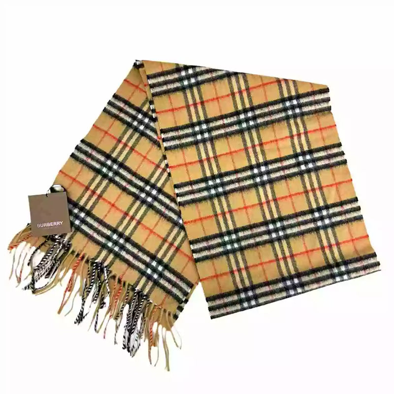 Burberry Antique Yellow Checkered Fringe Cashmere Scarf