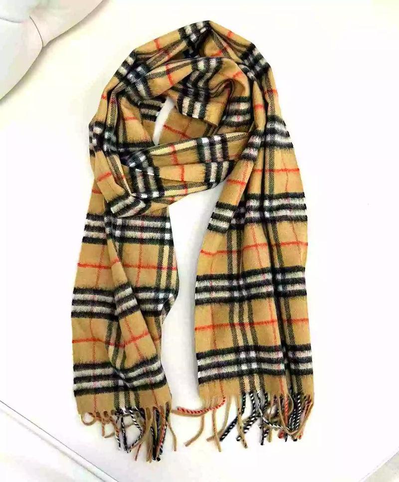 Burberry Antique Yellow Checkered Fringe Cashmere Scarf