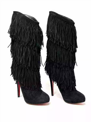 Christian Louboutin Forever Tina Black Suede Fringe Platform Boots EU 36 UK 3