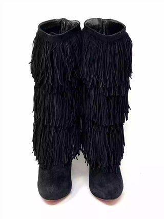 Christian Louboutin Forever Tina Black Suede Fringe Platform Boots EU 36 UK 3