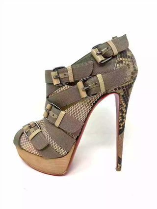 Christian Louboutin Mad Marta 150 Crelino/Fishnet/Python Beige Peep Toe Platform Booties but small fit 39 UK 6