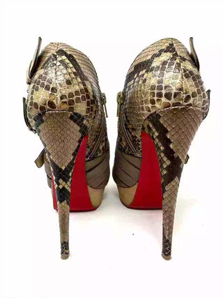 Christian Louboutin Mad Marta 150 Crelino/Fishnet/Python Beige Peep Toe Platform Booties but small fit 39 UK 6