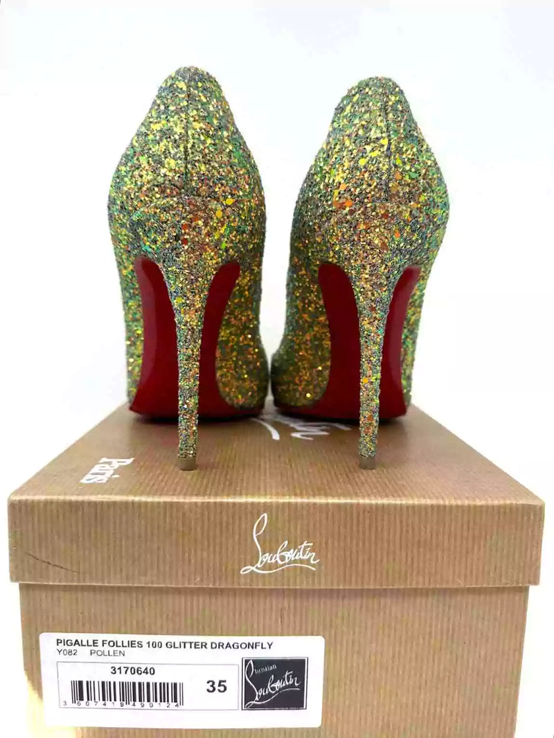 Christian Louboutin Pigalle Follies 100 Glitter Dragonfly Pollen Heels 35 UK 2