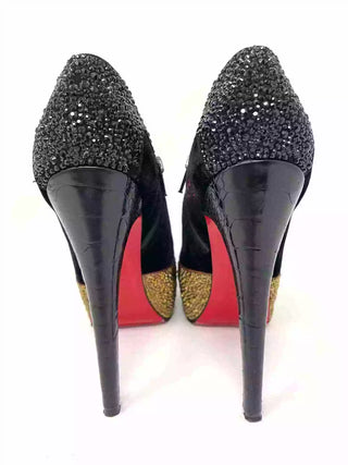 Christian Louboutin Laeila 140 Black/Gold Strass Suede Ankle Bootie Heels 38.5