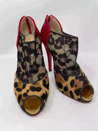 Christian Louboutin Aeronotoc 120 Leopard Calfskin Lace Peep-toe booties 38.5 UK5.5