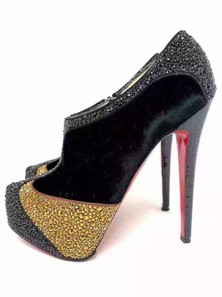 Christian Louboutin Laeila 140 Black/Gold Strass Suede Ankle Bootie Heels 38.5