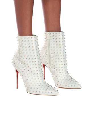 Christian Louboutin Snakilta 100 White Leather Iridescent Spike Booties 37